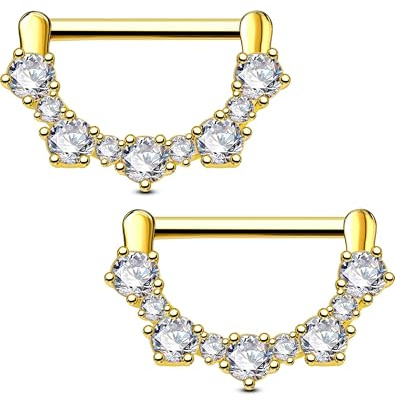 OUFER 2PCS 14G Gold Nipple Rings, 316l Surgical Steel Nipple Piercing Jewelry, Round Clear CZ Nipple Barbells, Clicker Nipple Rings For Women- Gold