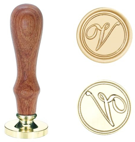 Poemluve Siegelstempel Initialen V 25mm Wachssiegel Stempel für Einladungen zur Hochzeit mit Holzgriff Vintage Wachs Siegel Stempel Buchstaben für Umschlag Briefe Geschenkpapier Umschlag (Buchstabe V)