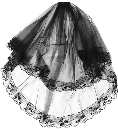 Garneck Halloween Schleier Schwarz mit Haarkamm, Zweilagiger Spitzen | und Tüllschleier als Gothic Kopfschmuck, Schwarzer Witwenschleier für Halloween, Karneval, Fasching und Cosplay