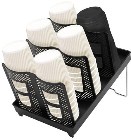 Clyfanesy Porte-gobelet et couvercle - Réglable - Avec design incliné - 6 compartiments - Jetables - Organisateur de tasses à café - Pour station de café, bar, plan de travail (6 compartiments)