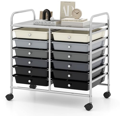 GOPLUS Rollwagen mit 12 Schubladen stapelbar, Rollcontainer mit Ablage & Metallgestell, Badregal, Schubladenwagen, Aufbewahrungswagen, für Büro, Zuhause (Weiß, Grau, Schwarz)