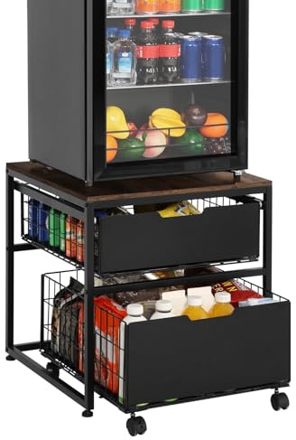 Kokorona Mini Fridge Stand with Storage Drawer Basket, 21.7 x 21.7 Mobile Mini Fridge Table, Heavy Duty Fridge Cart, Small Refrigerator Stand for Coffee Bar Mini Fridge Cabinet, Rustic Brown