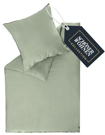 SCHÖNER WOHNEN Satin Bettwäsche 155x220 Baumwolle Grün - Luxus Bettwäsche-Set 2teilig - weich & atmungsaktiv - 1x Bettwäschebezug & 1x Kopfkissenbezug 80x80cm Frühling Duvet Cover Set - ÖKO-TEX