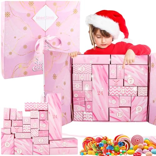 Advent Calendar for Filling, 24 Pcs Christmas Countdown Boxes - DIY Fillable Advent Calendar Set, Assorted Sizes, Reusable Paper Gift Boxes for Xmas Decorations & Holiday Countdown (Pink)