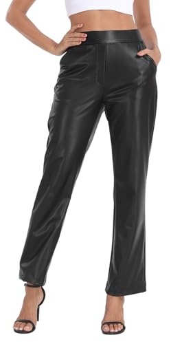 HDE Women's Pull On Faux Leather Kick Flare Pants High Waisted Pant with Pockets Black - S