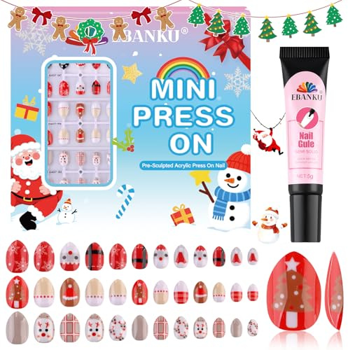 EBANKU Ensemble de faux ongles press-on de Noël pour enfants, lot de 72 ongles en forme d'amande de Noël - Ongles artificiels de Noël avec design complet et colle à ongles pour filles