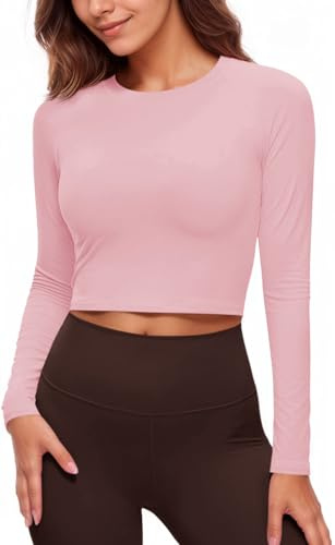 Fisoew - Maglietta da donna a maniche lunghe, girocollo, per yoga, palestra, allenamento, crop top, slim fit, rosa chiaro, S