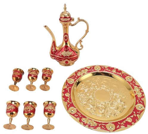 QWUUYEC Service à Café Turc Vintage, Ensemble Théière Orientale en Alliage de Zinc, 6 Tasses et Plateau, Couleurs Doré Rouge - Résistant à la Rouille, Élégant pour Fêtes et (Ou + Rouge)