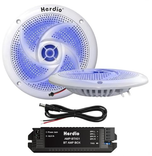 Herdio 13,3 cm Bluetooth marinhögtalare, lågprofil slank design med LED-lampor, 160W 2-vägs väderbeständigt utomhusljud, lämplig för båt, husbil, UTV, ATV, golfvagn, 2-pack vit