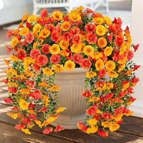 4 Stück Künstliche Blumen Hängend Kunstblumen mit Eukalyptus Petunien Hängend Künstliche Blumen Wie Echt Balkonpflanzen Outdoor Fake Blumenstrauß Hängepflanzen Hause Garten Veranda Frühlingsdeko