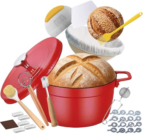 Gusseisen Topf Brot Backen 4L, Dutch Oven mit Brot Gärkorb Set 25 teilig, Sauerteig Brotbacken Zubehör Brotbackform mit Deckel, 2 in1 Gusseisen Topf für Braten Küche Schmoren Backen