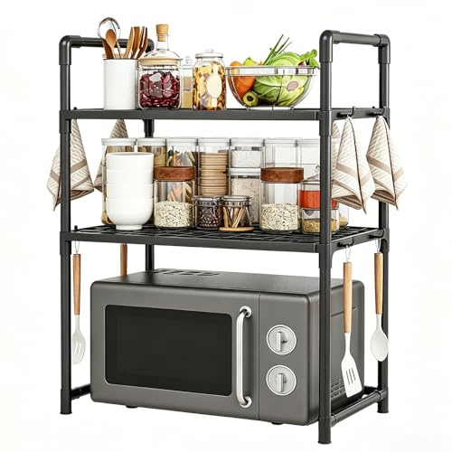Yilnlg Microwave Shelf, 3 Tier Microwave Stand | Black Kitchen Shelves, Microwaves Oven Rack, Kitchen Counter Storage for Air Fryer, Printer, Toaster, Bakers