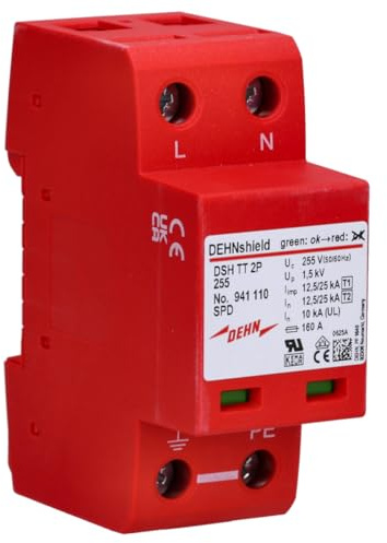 Dehn 941110 Kombinierte Ableiter monofasico dsh-tt-2p-255 | Blitzstrom-Ableiter und Überspannungsschutz für TT- und TN-Systeme, 2-polig, platzsparende 2 TE Breite, langlebig