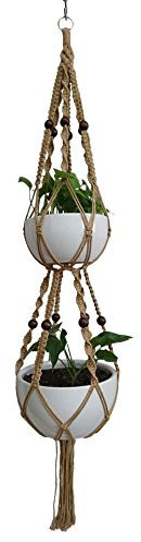 6 Legs Macrame Natural Jute Double Plant Hanger & Holder with Metal Ring and 6 pcs Round Brown Wood Bead, 65-inches Length (Without the white pot and plant)
