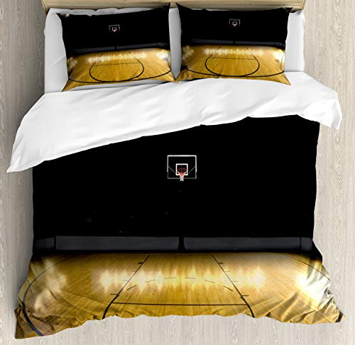 Ambesonne Teen Room Duvet Cover Set, Empty Basketball Arena Competition Game Winner Champion Success Theme, Decorative 3 Piece Bedding Set with 2 Pillow Shams, Queen Size, Coffee Black