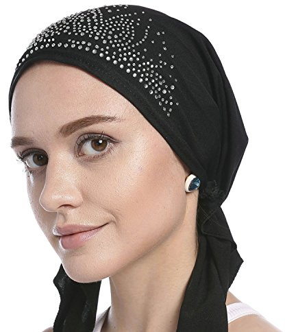 Woman's Chemo Hat Crystal Pleated Stretchy Turban Cap Beanie Bandana Skull Cap Ethnic Head Wrap Hat Headscarf for Cancer Patients,Alopecia Hair Loss Black