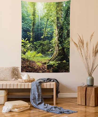 ABAKUHAUS Urwald Wandteppich und Tagesdecke, Wilder Efeu auf Bäume aus Weiches Mikrofaser Stoff Waschbar ohne Verblassen Digitaldruck, 140 x 230 cm,Grün Braun