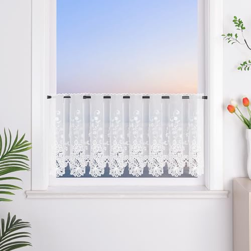 HeichkelL Voile Scheibengardine, Creme 1 Stück HöhexBreite 45x150 cm | Kurzstore Hohl Stickerei, Vorhang Durchstangenzug, Gardine Küche Tür Korridor