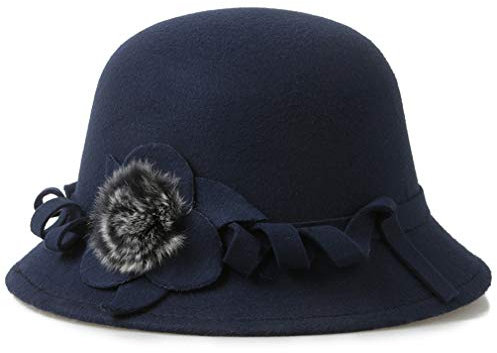 Vintage Glocke Fischerhut mit Blume faltbar Filz Kirche Bowler Hut, 2-dunkelblau, Einheitsgröße