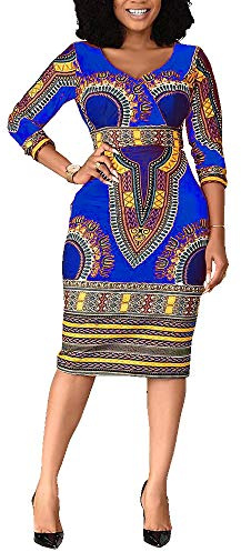 VERWIN Halva vaden V-ringad trekvarts ärm tryck kvinnor bodycon-klänning afrikansk midi-klänning
