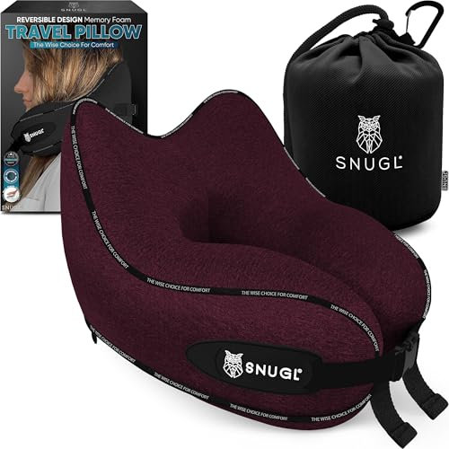 SNUGL Nackenkissen Memory Foam Waschbar & Verstellbar | Kuscheliges Nacken Reisekissen Für Flugzeug, Auto & Unterwegs | Reise-Kissen Nackenhörnchen, Neck Travel Pillow (Dunkelrot, Erwachsener Normal)