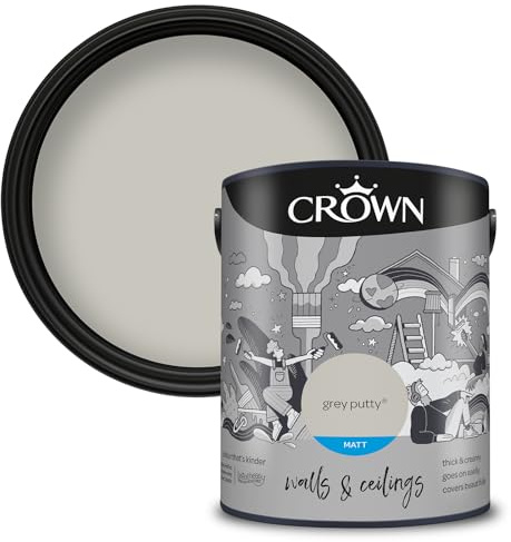 Crown WALLS & CEILINGS Light Grey Matt Emulsion Paint 5L | Rich velvety matt in Grey Putty. Covers beautifully. Ideal for bedrooms & living rooms. Low VOC, low odour, vegan