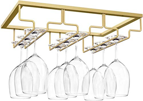 Wine Glass Rack, Under Cabinet Stemware Wine Glass Holder, Wine Glasses Storage Hanger Metal Organizer for Cabinet Kitchen Bar (Gold, 3 Rows 1 Pack)