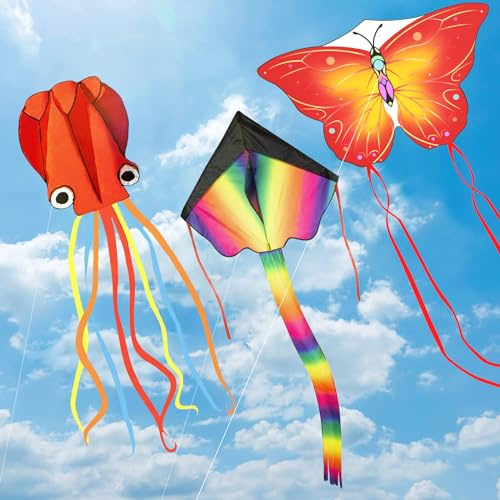 Drachen Kinder ab 3-6, Flugdrachen Steigen Lassen Erwachsene, Kinderdrachen Bunt Delta und Rote Oktopus Winddrachen mit Drachenschnur für Mädchen Jungen | Kinderdrachen Bunt Delta und Rote Oktopus Winddrachen mit Drachenschnur für Mädchen Jungen