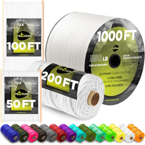 TECEUM Paracord Type III 550 White – 1000 ft – 4mm – Tactical Rope MIL-SPEC – Outdoor para Cord –Camping Hiking Fishing Gear and Equipment – EDC Parachute Cord – Strong Survival Rope 007