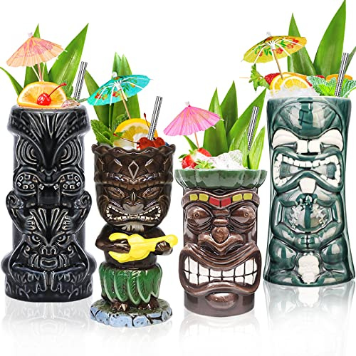 SuproBarware Keramik-Tiki-Gläser für Cocktails, Set mit 4 verschiedenen Formen, tropische Tassen, Hawaii-Tiki-Party, kreatives Cocktailglas, Getränke, große Bar-Getränke, süßes Bargeschirr