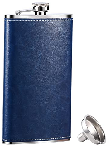 GENNISSY 10oz Whiskey Flask for Men - Stainless Steel Hip Flask with Navy Blue Leather, Leakproof with Funnel & Never Lose Cap, Gift for Men(Groomsmen, Camping, Wedding)