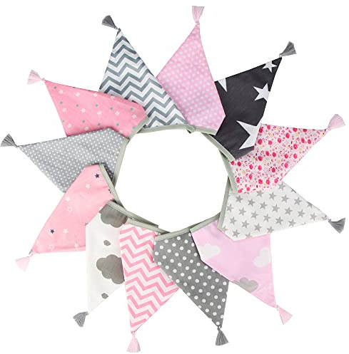 G2PLUS Stoff Wimpelkette mit Quasten, Rosa und Grau Stoffgirlande Beidseitig, 3.3M Stoff Wimpel Girlande mit 12 STK Farbenfroh Wimpeln für Hausbett, Kindergeburtstagsfeier Deko