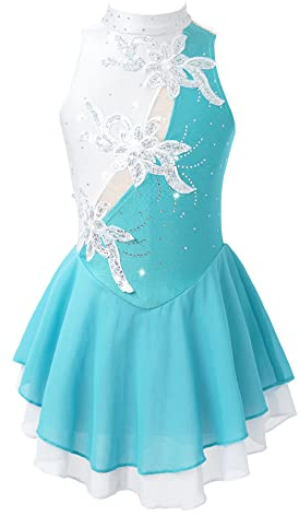 IEFIEL Vestido de Patinaje Artístico para Niña Maillot Ballet con Falda Malla de Gimnasia Rítmica sin Mangas con Lentejuelas Brillantes Vestido de Danza Lírica Y Lago Verde 7-8 años