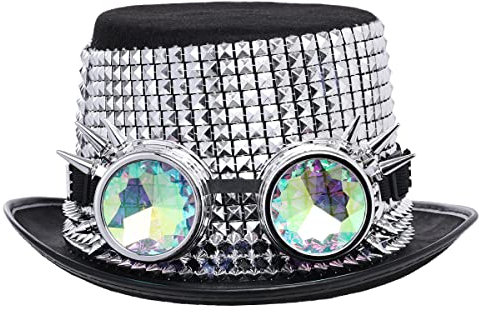 Unisex Gothic Steampunk Zylinder Hut Halloween Karneval Festival Kostüm Hut mit Brille für Damen Herren(Kopfumfang: 58 cm, Silber)