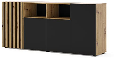 BIM Furniture Kommode AURIS – Sideboard 42x180x82 cm mit 4 Türen, Wohnzimmer Kommode mit viel Stauraum, Eichenholz Optik, für Flur, Büro & Esszimmer, Schwarz/Artisan Eiche