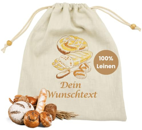 FLOCKex* Personalisierter Brotbeutel aus 100% Leinen | Handgefertigt in Deutschland | Nachhaltige Brotaufbewahrung | Atmungsaktiv, antibakteriell, waschbar (beige, 10-12 Brötchen)