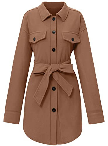 JMKEY Damen Wolljacke Langarm Jacke Knopf Wolle Casual Gürtel Mittellange Mantel Jacke Oversized Blusen Tops, Stil 2, 38