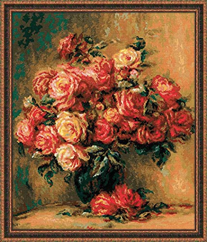 RIOLIS Kreuzstich-Set mit Rosenstrauß nach Pierre-August Renoir 1402, Kreuzstich-Set 40 x 18,9 cm, Kreuzstich-Set für Erwachsene, Kreuzstich-Set mit Blumenmuster, Stickset für Anfänger und