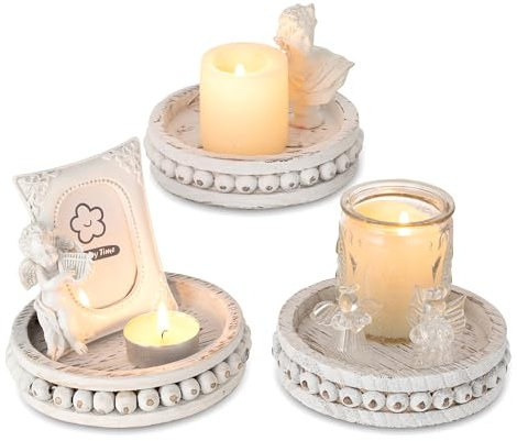 Hanobe Kerzenteller Kerzenständer Holz Rund: 3er Set Rustikal mit Perlen Weiß Klein Kerzenhalter für Stumpenkerzen Boho Kerzenuntersetzer Deko Landhaus Holztablett Dekoration