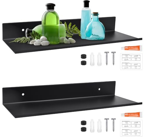 LIMITADA Wandregal Metall 2er Set, 30 cm Duschablage Ohne Bohren Schwarz Schweberegal Schwimmende Regale Schwebendes Bücherregal Bilderleiste Home Decoration Wall Shelf für Wohnzimmer, Küche