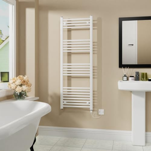 Warmehaus 800W Electric Heated Towel Rail Radiator White - 1400x500mm | Prefilled, Mild Steel, Wall Mounted Bathroom Towel Warmer, Electric Small Towel Rails
