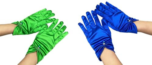 Whakano 2 Paar Handschuhe Kurz,Satin Handschuhe,Brauthandschuhe,Elegante Kurze Gloves mit Schleife,Vintage Damen Handschuhe,für Halloween,Bankett,Party,Hochzeit,Tea Party Zubehör,Grün + Blau