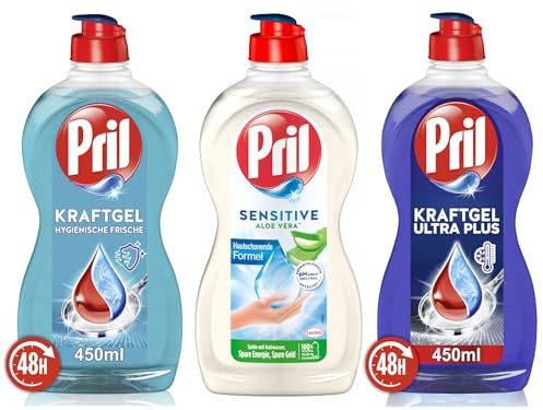 PRIL-Set Kraftgel 1x Ultra Plus & 1x Hygienische Frische & 1x Sensitive Aloe Vera, Handgeschirrspülmittel-Set mit hoher Fettlösekraft, für sauberes Geschirr, 3x 450ml