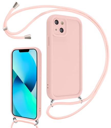 Coalbooliy Cover per iPhone 13 mini 5,4 con Cordino per Cellulare, Custodia Silicone con Regolabile Collana Sottile Morbida Case Protezione della fotocamera Antiurto con Necklace, Rosa