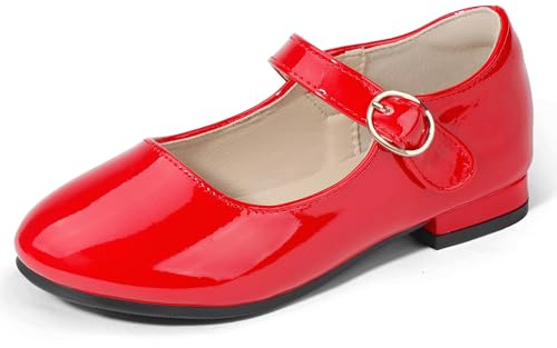PANDANINJIA Girls Dress Shoes Red Patent Ballerina Flats Size 5 Toddler Little Big Kid Mary Jane Low Heels Shoes