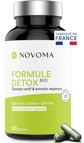 NOVOMA Formule Détox Bio, Purification Foie & Digestion, Avec Charbon Actif, Chardon-Marie, Chlorella & Gingembre, Cure de 1 Mois, 90 Gélules, Végan, Fabriqué en France