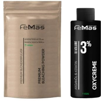 FemMas Kit blanchiment : poudre décolorante 100 g et oxycrème 100 ml | Kit parfait pour cheveux blonds | Jusqu'à 9 tons plus clairs