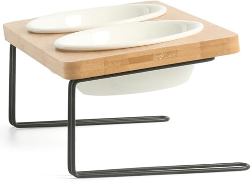 Gamelles surélevées pour chat - Inclinables à 15° - Gamelles surélevées en céramique pour chat - Support en bois avec cadre en métal et deux bols pour nourriture et eau (bols en céramique)