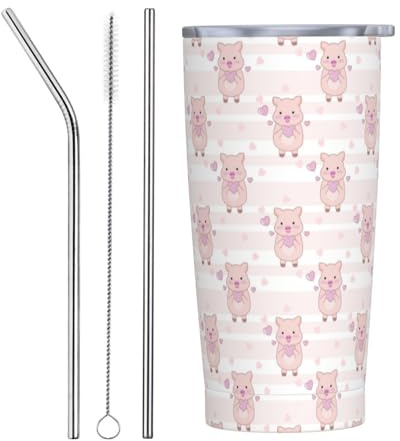 VOSERY Botella de agua de 20 onzas con tapa y popote, vaso aislado de acero inoxidable con diseño de caricatura de amor de cerdo, taza de café de viaje, vaso personalizado