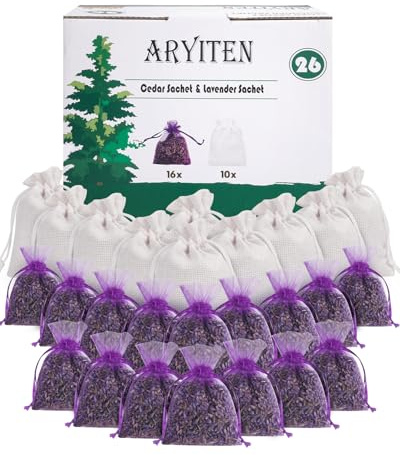 26 Pack Cedar Chips and Natural Dried Lavender Sachets Bags - Stop Clothes Damage, Cedar and Lavendar Home Fragrance for Drawers and Closets